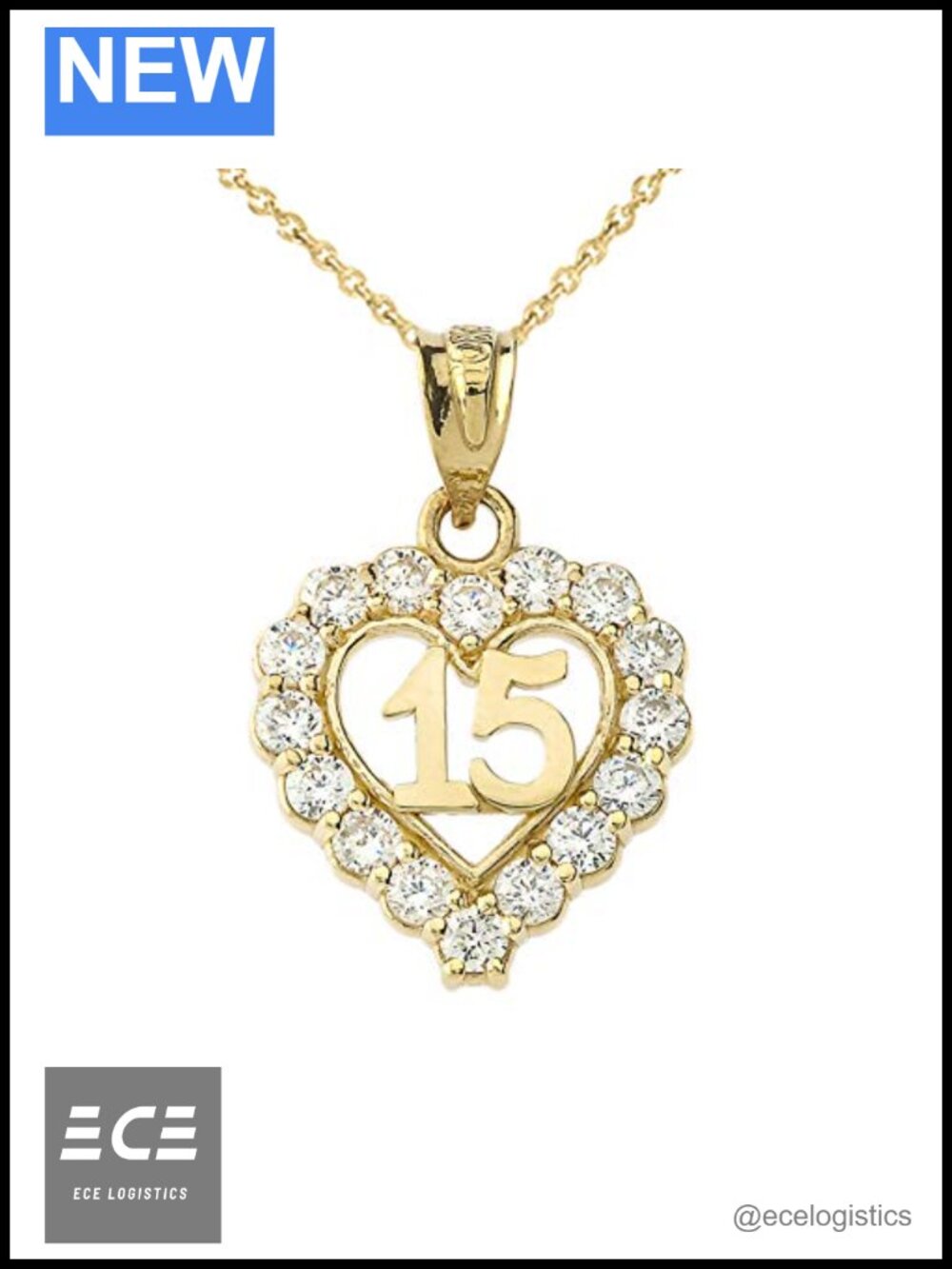 14k Yellow Gold Open Heart Charm Pendant Necklace with Cubic Zirconia